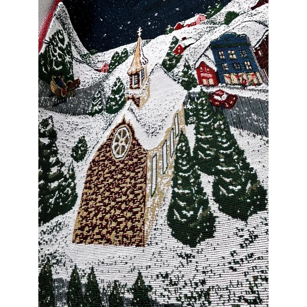 Vintage Christmas Tapestry Wall Hanging Scene Santa‎ Sleigh Snow Village